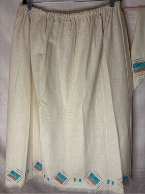 Hand-Painted Cream Midi Skirt with Teal and Coral Diamond Trim